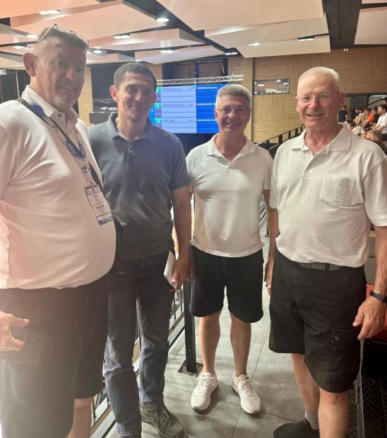 (von links) Jürgen Gesell, Andreas Bartsch und Ralph Gotta von der HTG Bad-Homburg sowie Theodor Keppel aus Darmstadt vertraten den hessischen Judo-Verband bei der Judo European Championships der Masters in Sarajevo vom 06. bis 09.06.2024    Bild: Wolfgang Löffler