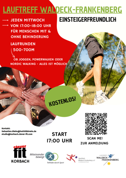 QR-Code auf dem Flyer scannen oder per E-Mail bei unseren inklusiven Lauftreffs anmelden.     Bild: Sportkreis Waldeck-Frankenberg