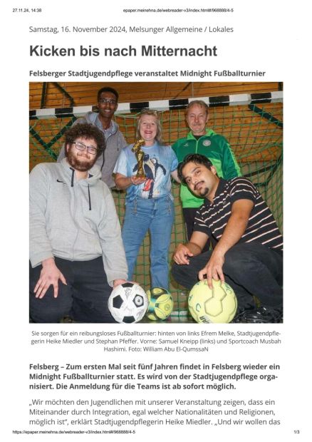 Sie sorgen für ein reibungsloses Fußballturnier: hinten von links Efrem Melke, Stadtjugendpflegerin Heike Miedler und Stephan Pfeffer. Vorne: Samuel Kneipp (links) und Sportcoach Musbah Hashimi.    HNA-Melsungen: William Abu El-QumssaN